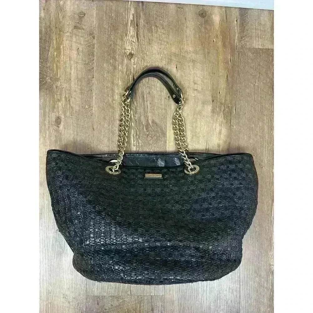 Kate Spade Woven Shoulder Bag Gold Tone Chain Satchel Black 10X16 Large